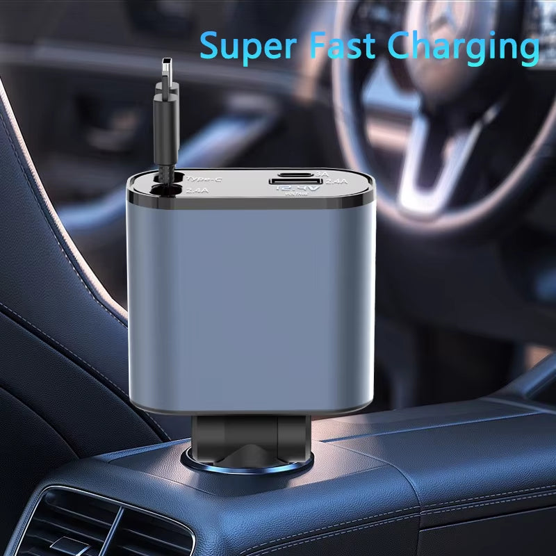 Newest 4 in 1 120W Car Charger Retractable Car Lighter Adapter USB Type C Fast Charger Cable for Iphone and Android