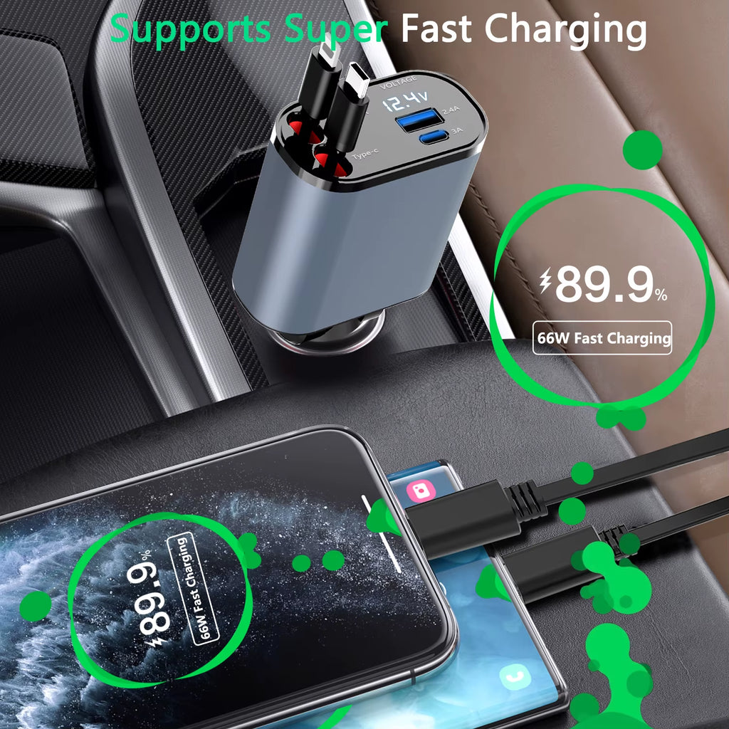 Newest 4 in 1 120W Car Charger Retractable Car Lighter Adapter USB Type C Fast Charger Cable for Iphone and Android