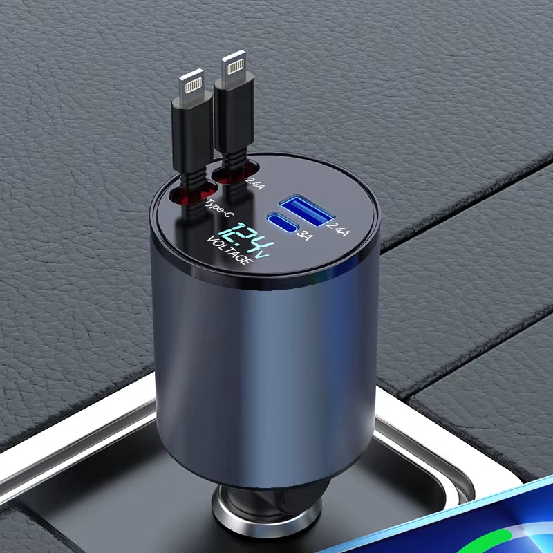 Newest 4 in 1 120W Car Charger Retractable Car Lighter Adapter USB Type C Fast Charger Cable for Iphone and Android