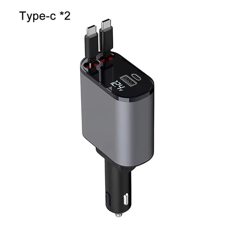 Newest 4 in 1 120W Car Charger Retractable Car Lighter Adapter USB Type C Fast Charger Cable for Iphone and Android