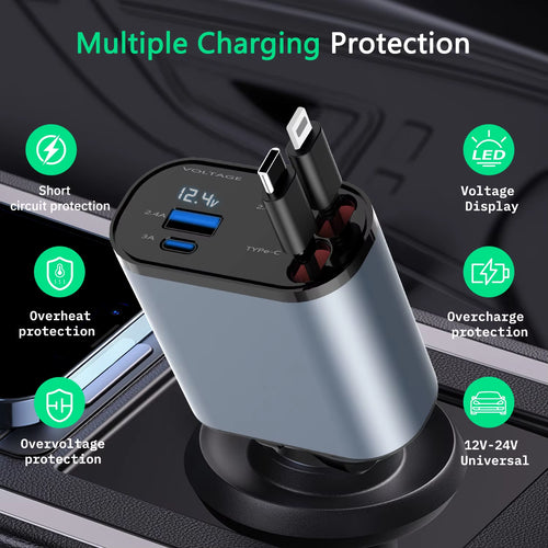 Newest 4 in 1 120W Car Charger Retractable Car Lighter Adapter USB Type C Fast Charger Cable for Iphone and Android