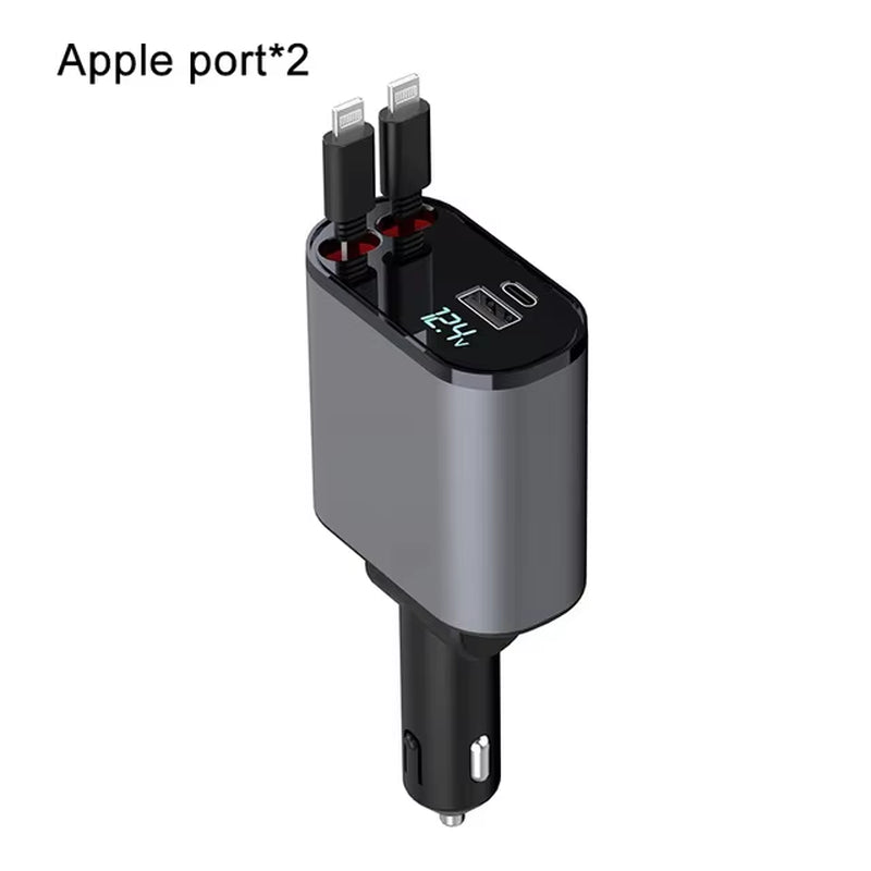 Newest 4 in 1 120W Car Charger Retractable Car Lighter Adapter USB Type C Fast Charger Cable for Iphone and Android