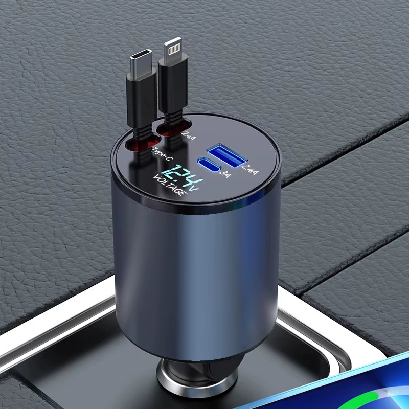 Newest 4 in 1 120W Car Charger Retractable Car Lighter Adapter USB Type C Fast Charger Cable for Iphone and Android